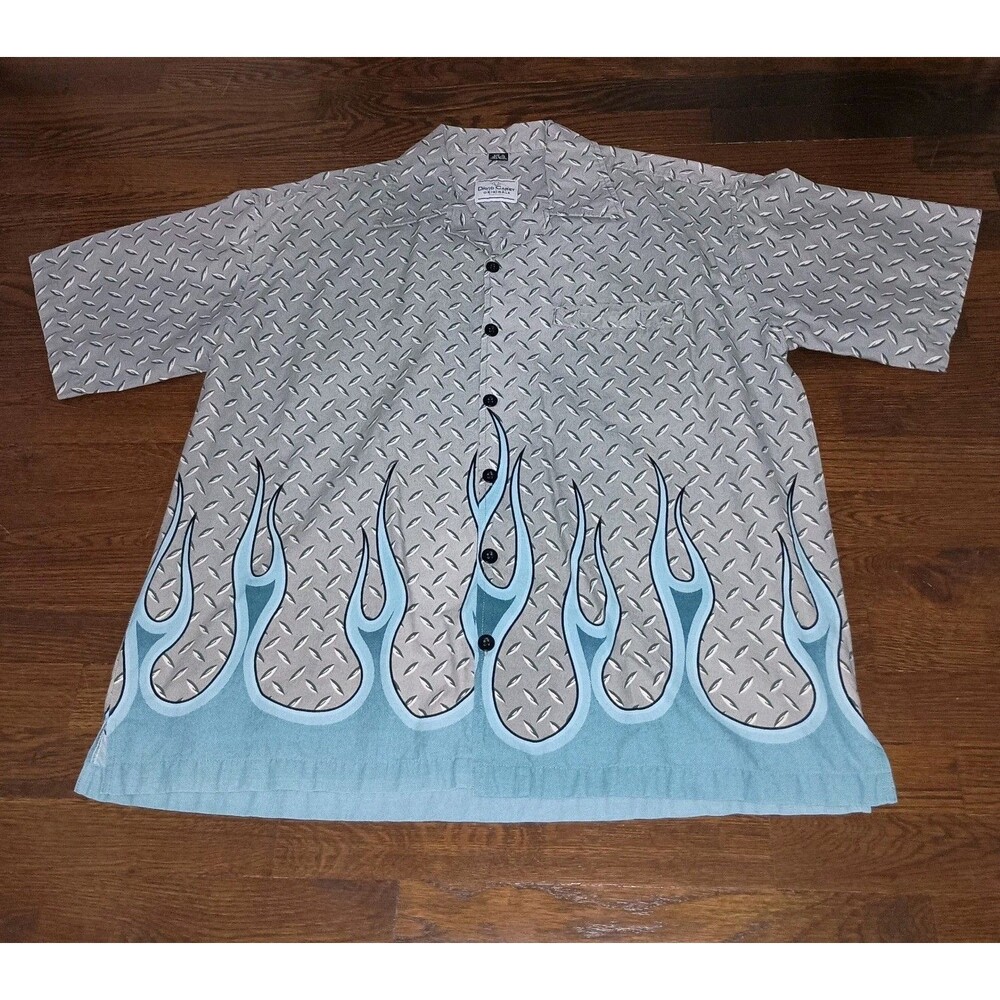David Carey Originals Shirt Mens XL Diamond Plate Blue Flames Mechanic Garage